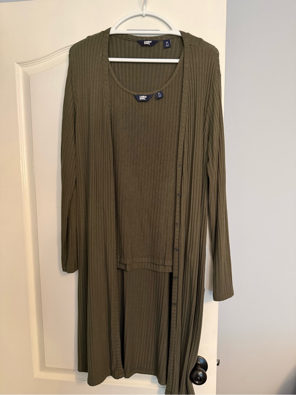 Lands' End Olive Ribbed Two-Piece Dress and Long Cardigan